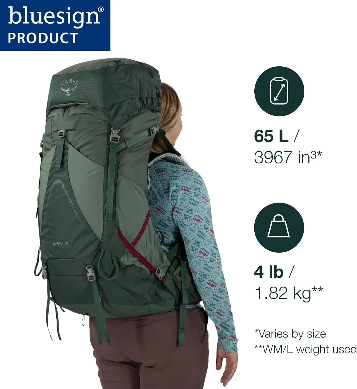 Osprey Aura AG LT 65L Women's Backpacking Backpack, Black, WXS/S