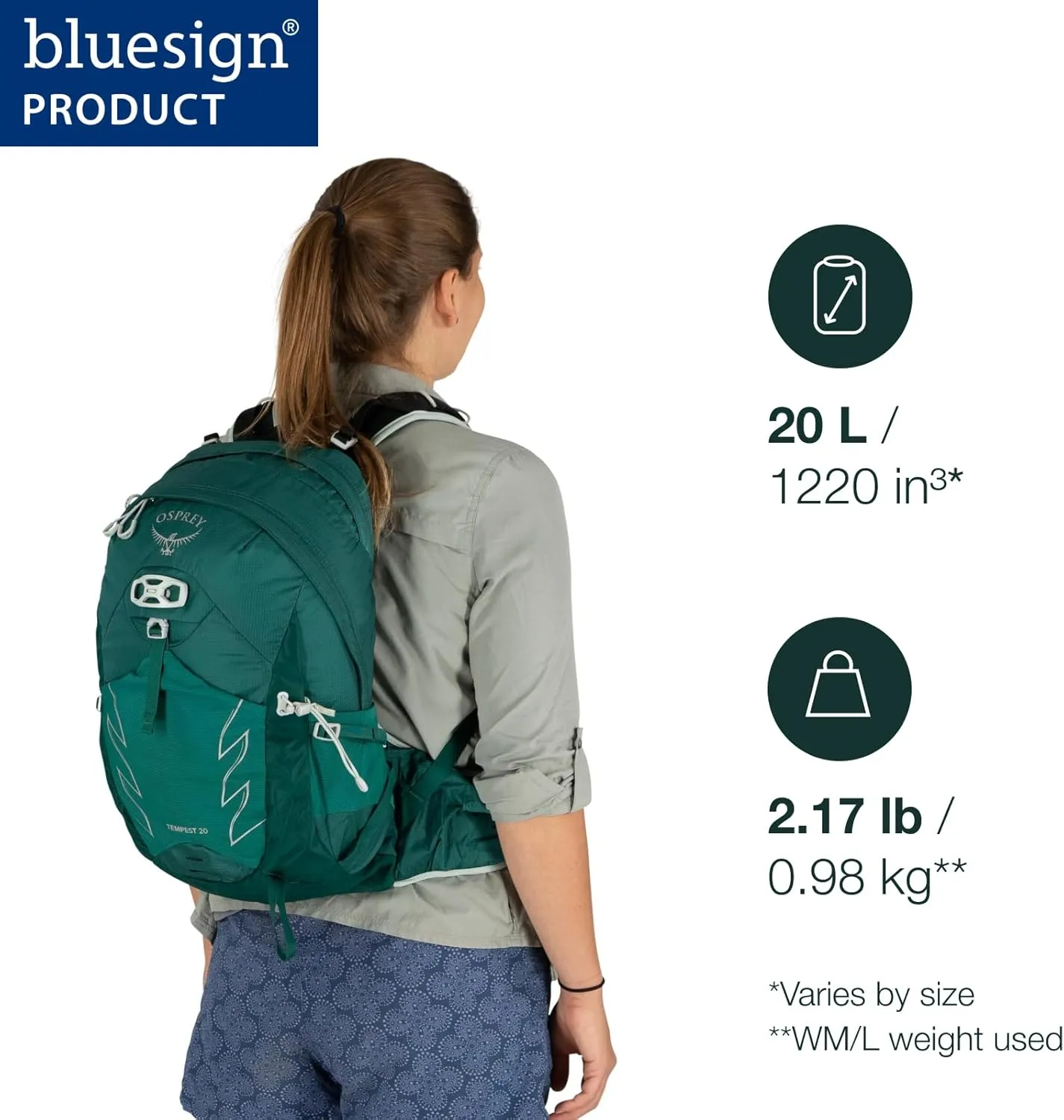 Osprey Tempest 20L Women's Hiking Backpack with Hipbelt, Tidal/Atlas, WXS/S