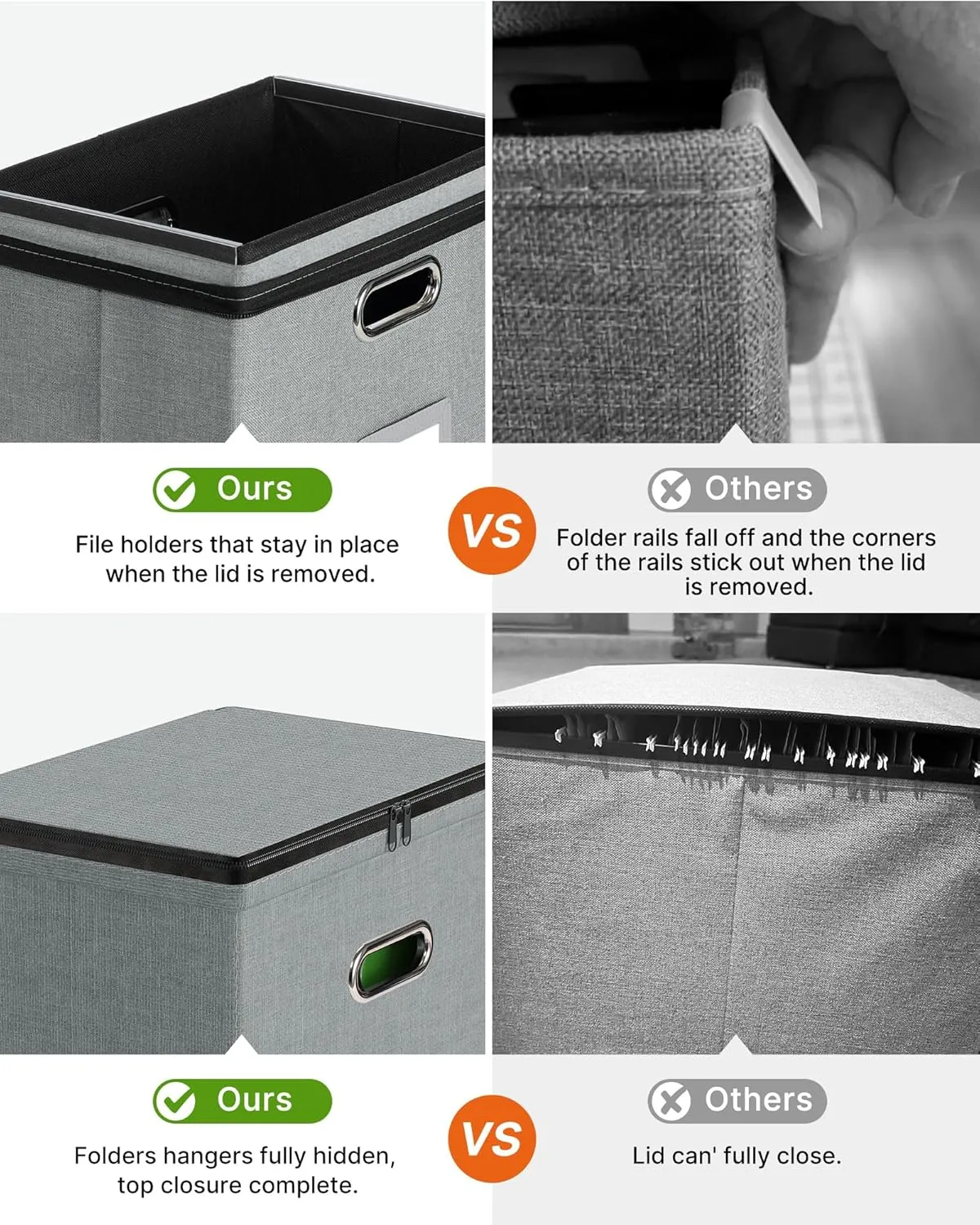 Oterri 1 Pack File Organizer Boxes with Lids, File Box with Mesh Pockets, Document Organizer Box for File Folders Letter Size, Zippers Filing Box for Home, Office, School (Grey, Without Folders)