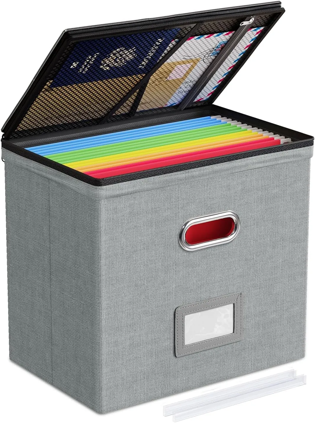 Oterri 1 Pack File Organizer Boxes with Lids, File Box with Mesh Pockets, Document Organizer Box for File Folders Letter Size, Zippers Filing Box for Home, Office, School (Grey, Without Folders)