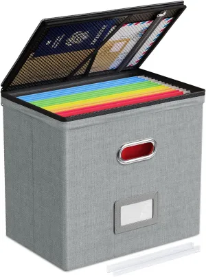 Oterri 1 Pack File Organizer Boxes with Lids, File Box with Mesh Pockets, Document Organizer Box for File Folders Letter Size, Zippers Filing Box for Home, Office, School (Grey, Without Folders)