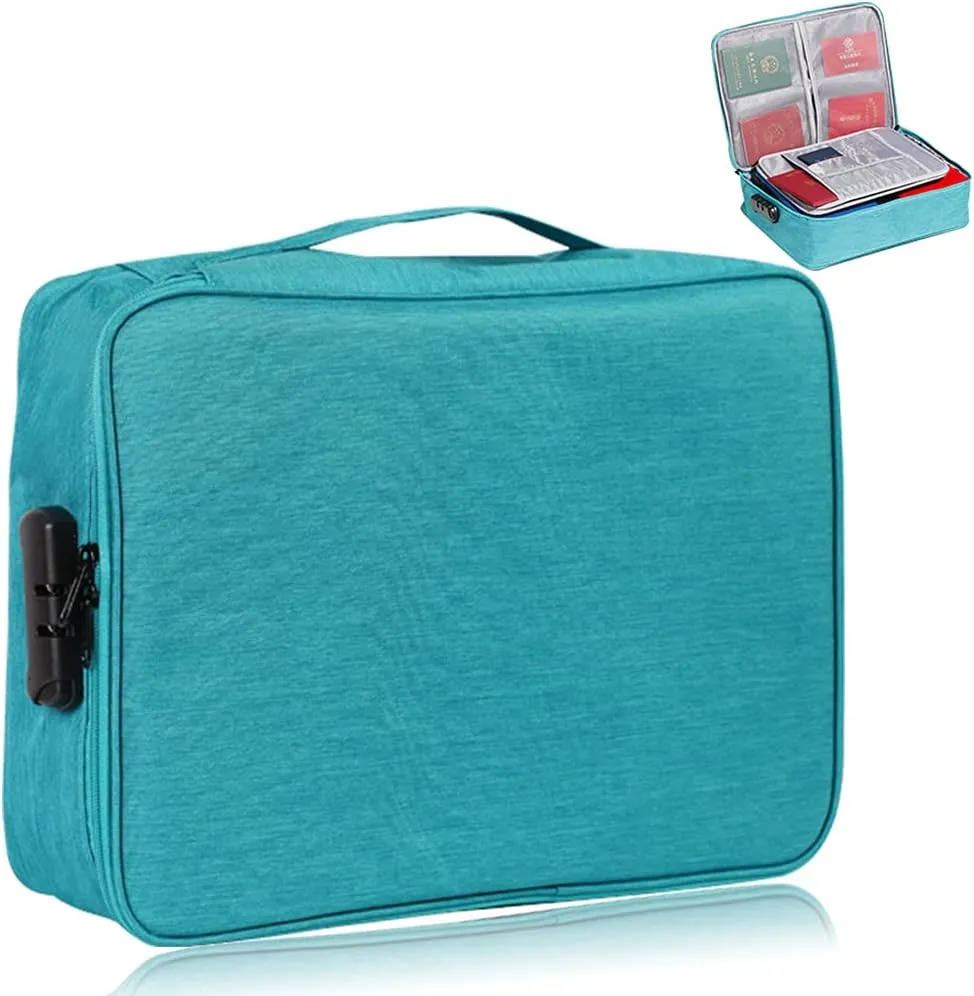 Oxford Document Bag with Safe Lock, Multi-Layer Storage Pouch, Diploma Without Vibration, Portable for MacBook, Passport, Package File, A4 Size, Lake Blue