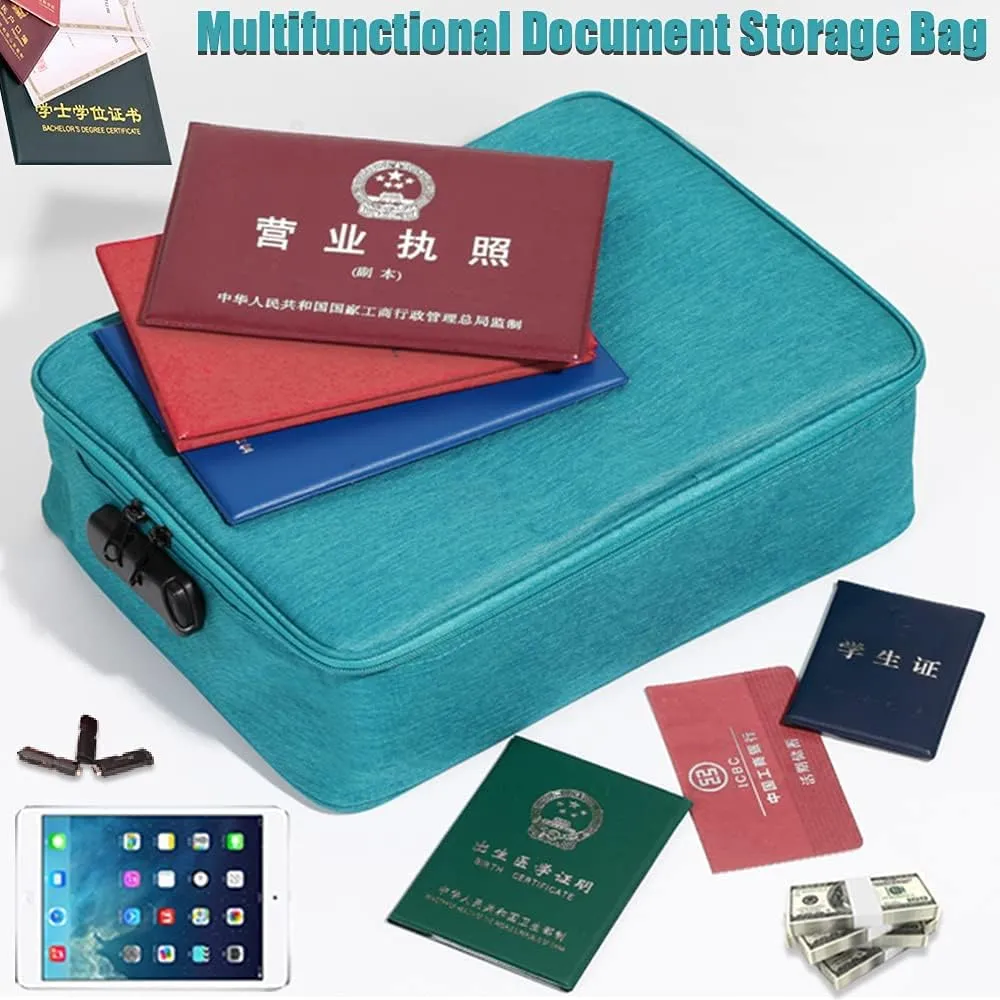 Oxford Document Bag with Safe Lock, Multi-Layer Storage Pouch, Diploma Without Vibration, Portable for MacBook, Passport, Package File, A4 Size, Lake Blue