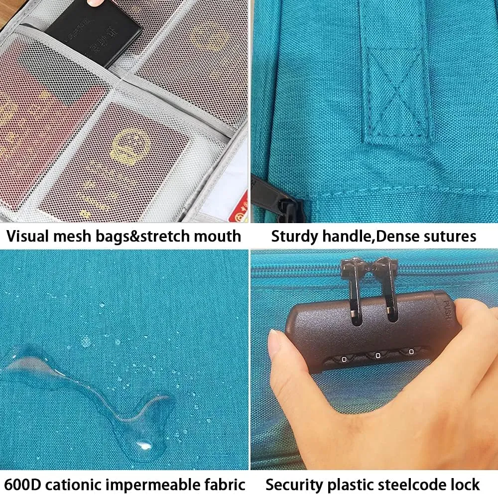 Oxford Document Bag with Safe Lock, Multi-Layer Storage Pouch, Diploma Without Vibration, Portable for MacBook, Passport, Package File, A4 Size, Lake Blue