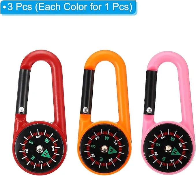 PATIKIL Compass, 3 Pcs Buckle Compass Keychain Waterproof Survival Pocket Compass for Hiking Outdoor Camping, 3 Color