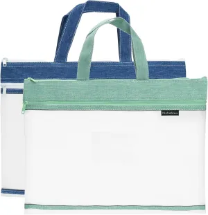 PATIKIL Nylon Document Bag with Handle 2 Pack Mesh Transparent Handbag Paper File Tote Pouch for Office, Blue, Green