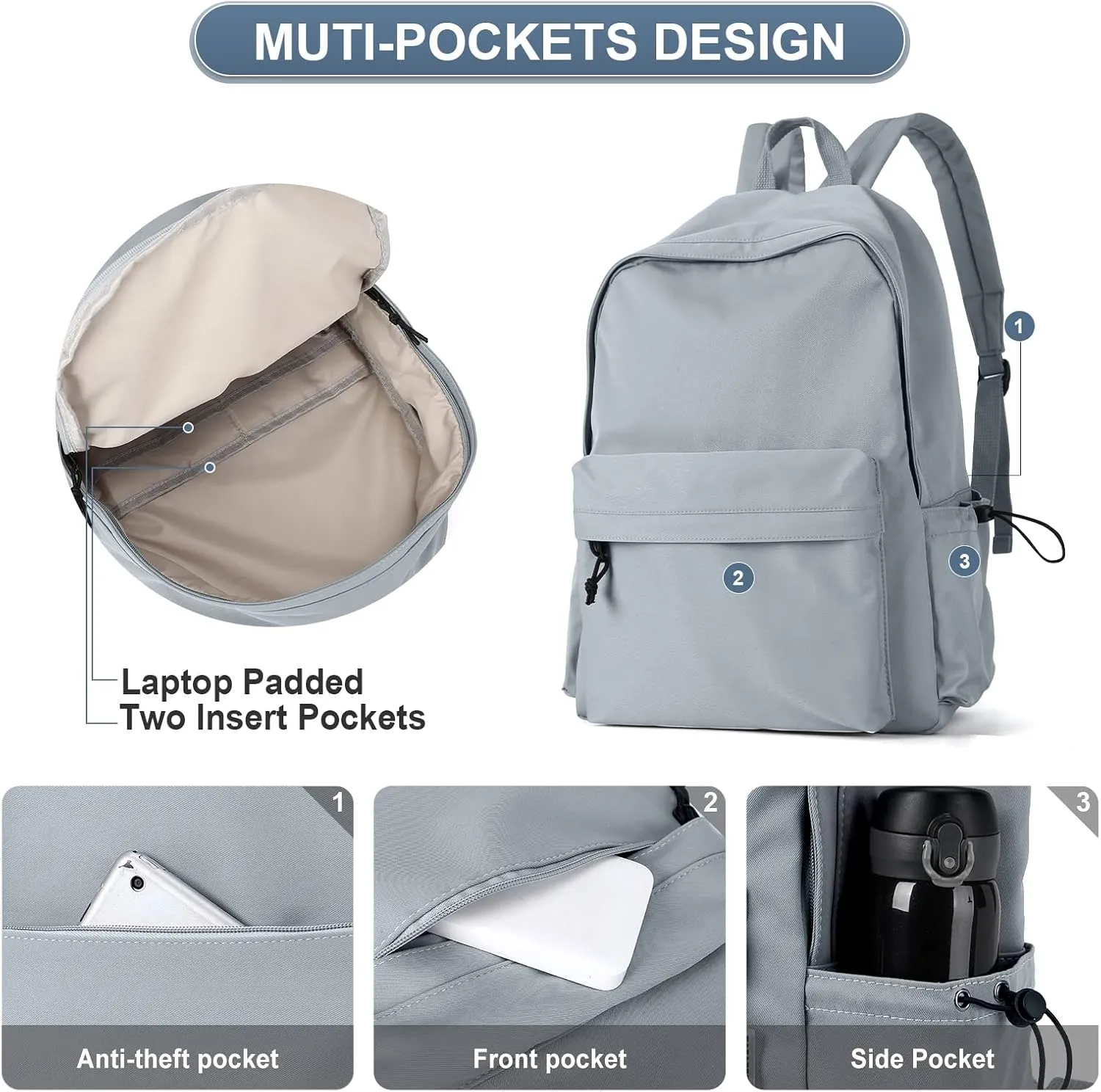 PAUBACK Blue School Backpack for Girls Water Resistant High School Book Bag Simple Backpack for Teens Boys Girls, Lightweight Simple Middle School Back Pack Daypack