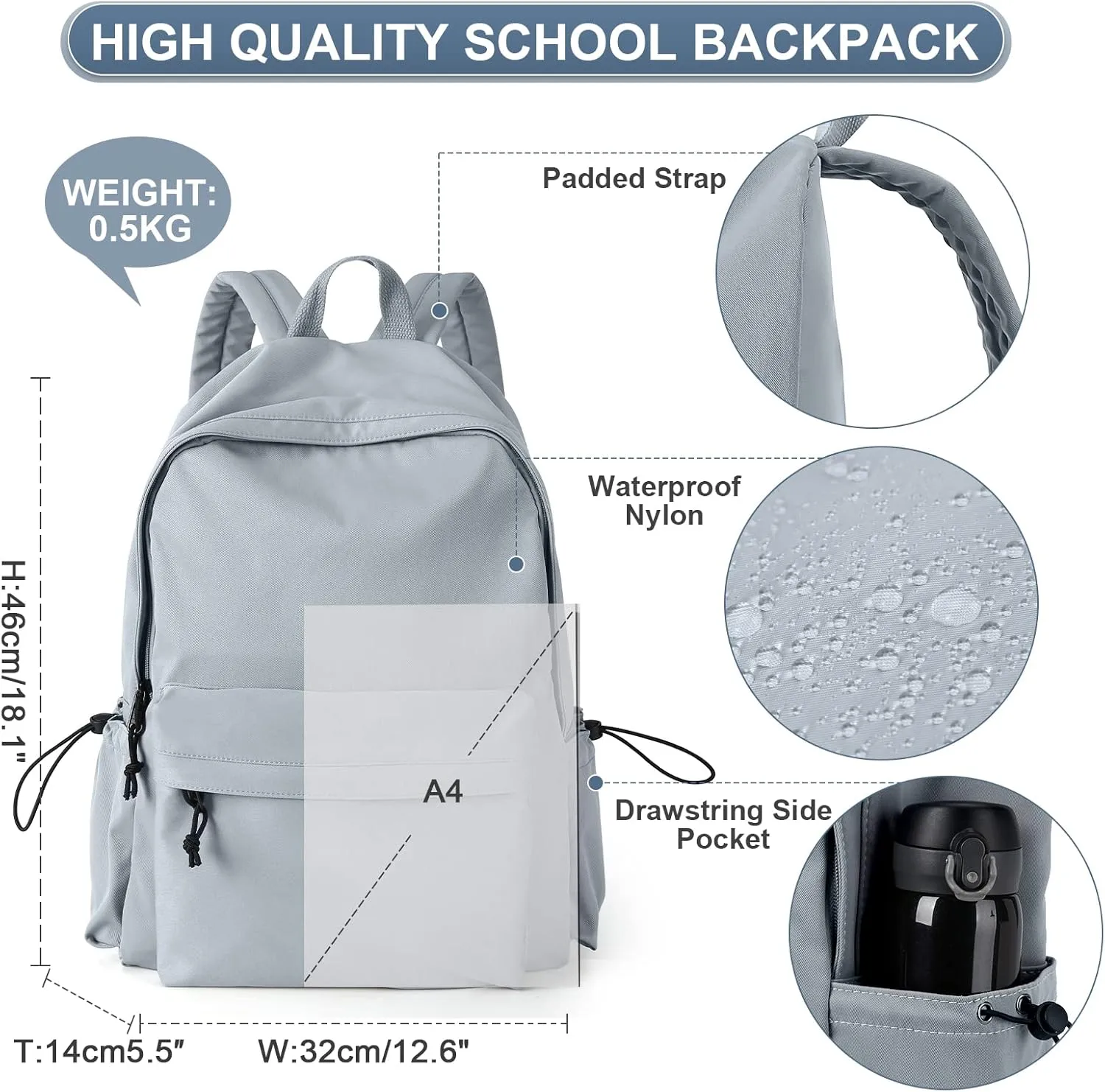 PAUBACK Blue School Backpack for Girls Water Resistant High School Book Bag Simple Backpack for Teens Boys Girls, Lightweight Simple Middle School Back Pack Daypack