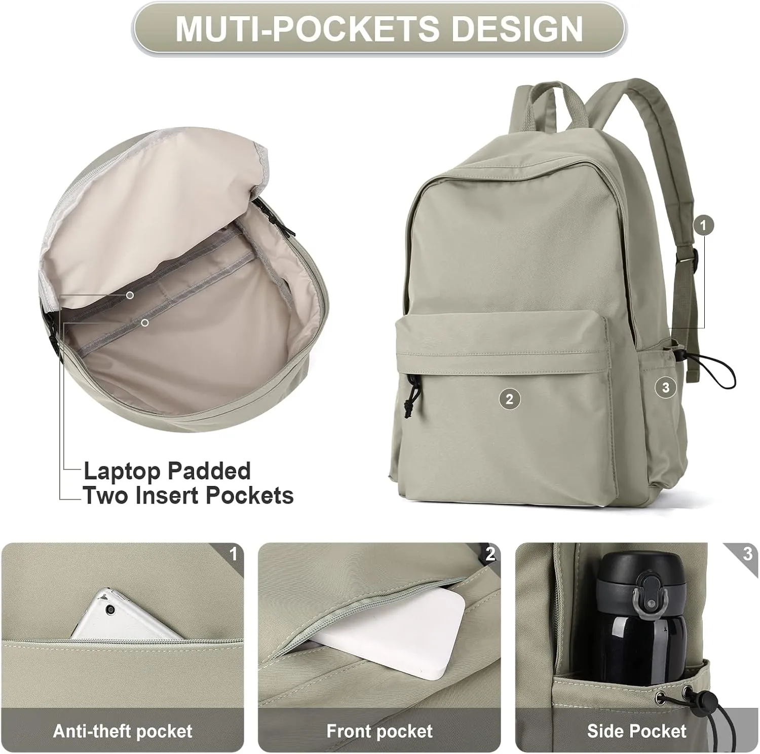 PAUBACK Green School Backpack for Girls Water Resistant High School Book Bag Simple Backpack for Teens Boys Girls, Lightweight Simple Middle School Back Pack Daypack
