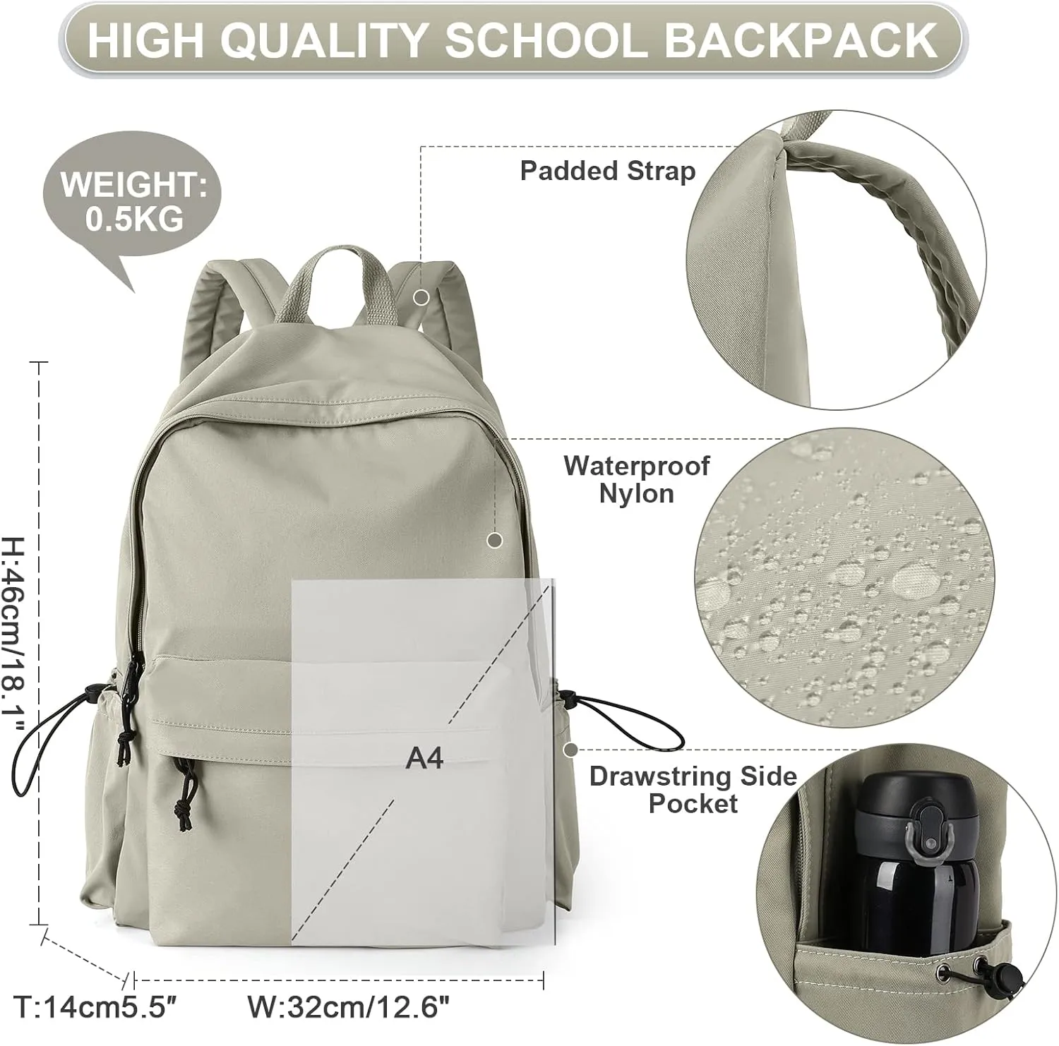 PAUBACK Green School Backpack for Girls Water Resistant High School Book Bag Simple Backpack for Teens Boys Girls, Lightweight Simple Middle School Back Pack Daypack