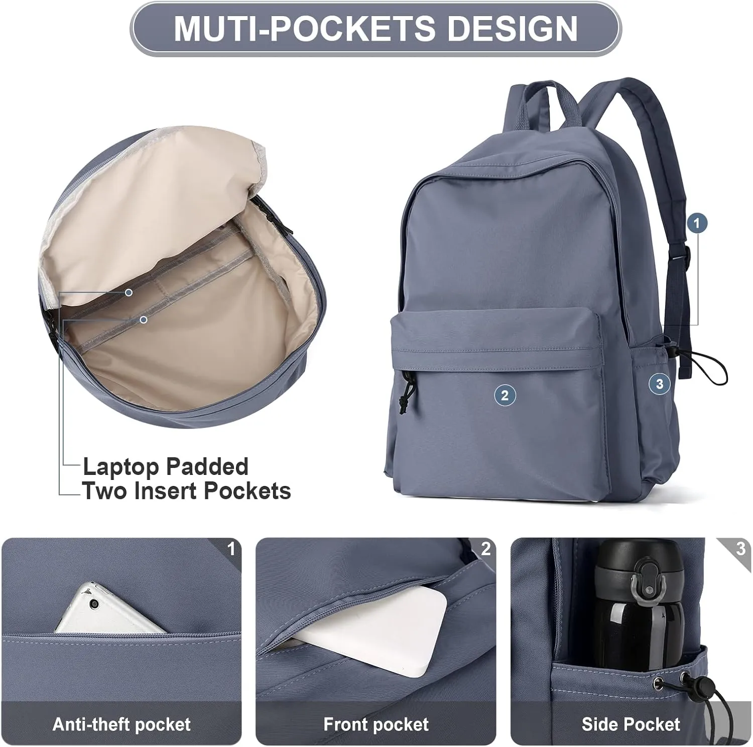 PAUBACK School Backpack for Girls Water Resistant High School Book Bag Simple Backpack for Teens Boys Girls, Lightweight Simple Middle School Back Pack Daypack