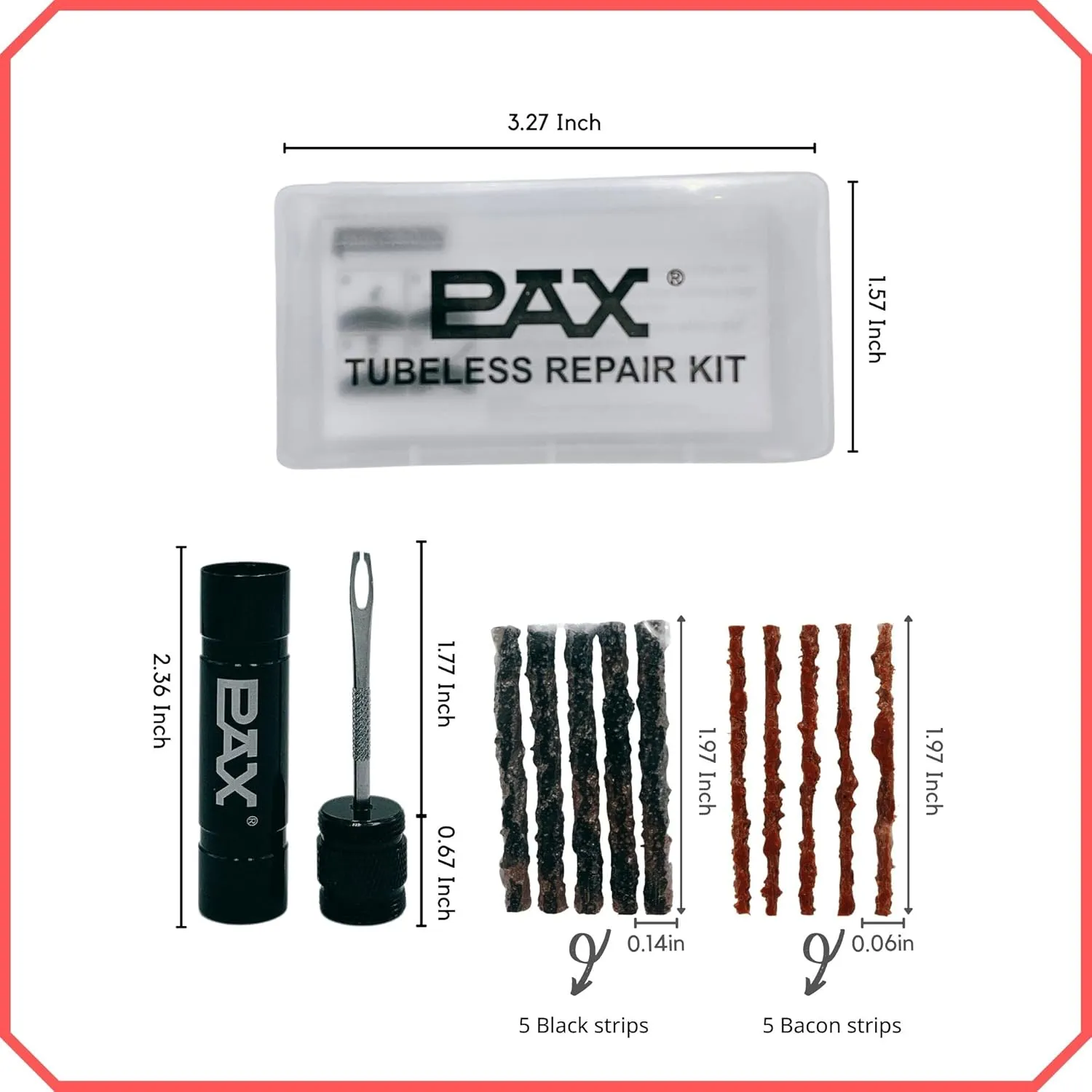 PAX12 Pcs Tubeless Bike Tire Repair Kit, Includes Storage Canister, Plugger Tool, Plugs-5 Bacon, and 5 Black Strips. Fix a Puncture or Flat, Fast for MTB、Gravel Bike Tires and Road Bicycle Tires