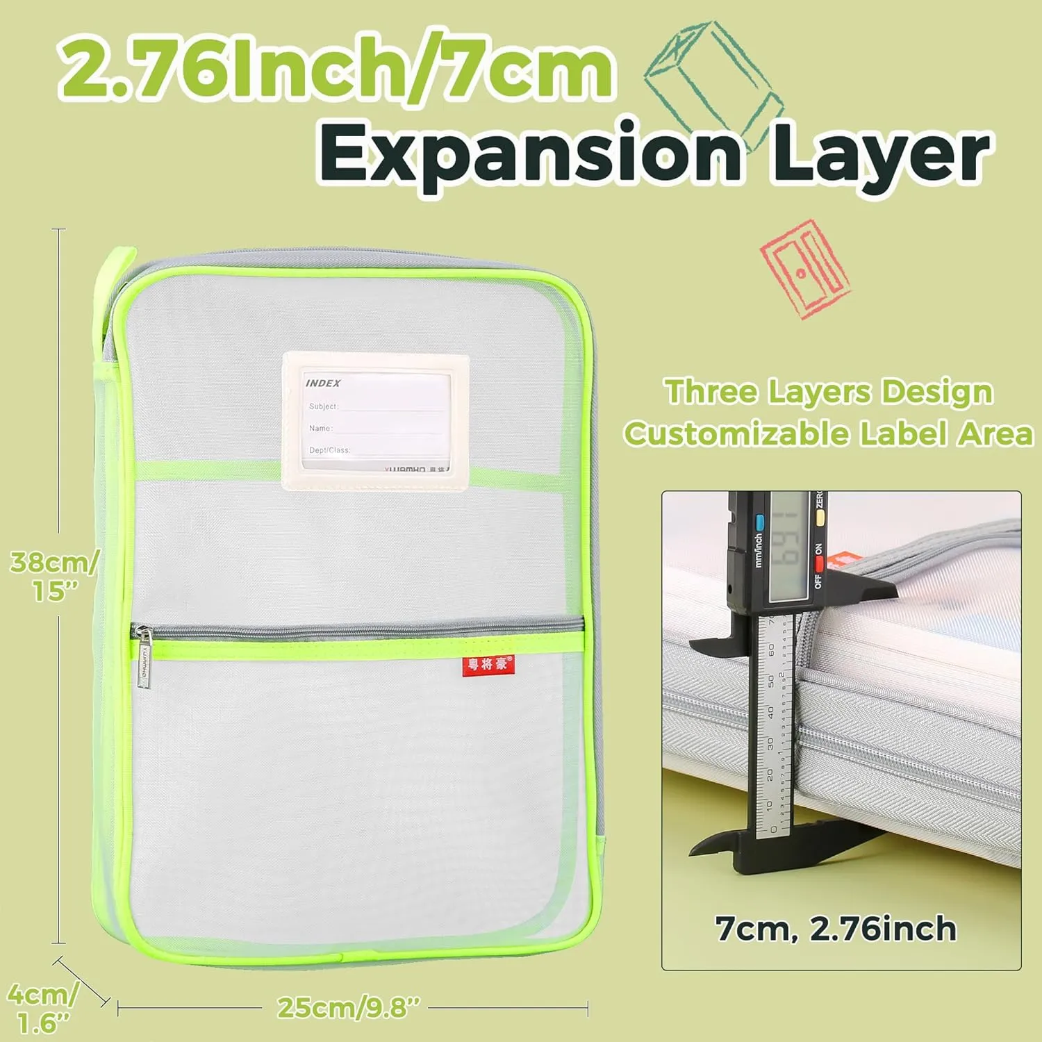 Pendancy Mesh Zipper Pouch 14.8x10.8 in Transparent Lightweight Nylon File Folders, A4 Size Multi-Layer Subject Document Organizer Accessories Storage Bag for Office and School Supplies(Yellow)