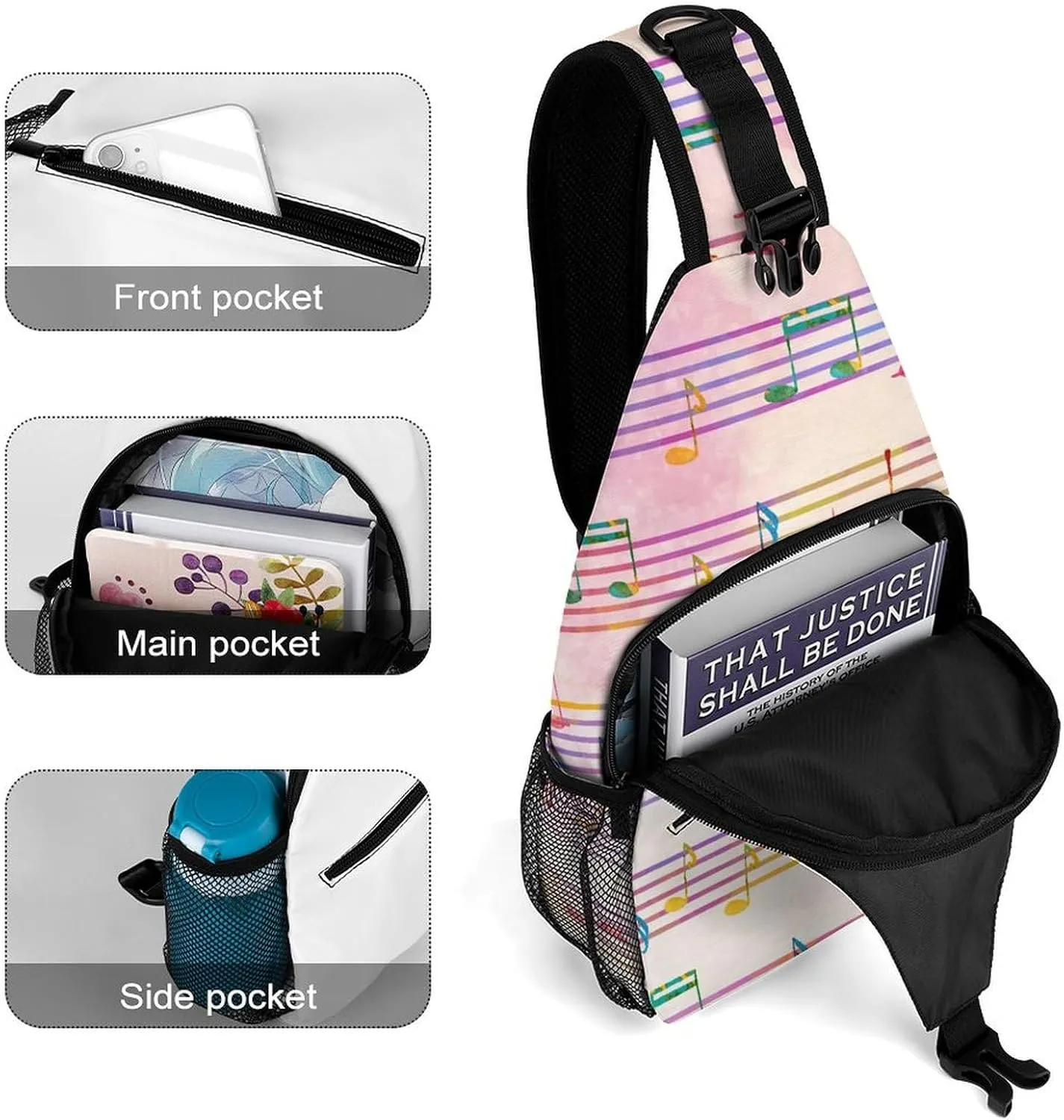 Pentagrams Musical Notes Print Crossbody Sling Bag for Women Men Travel Chest Bag, Cycling Shoulder Backpack