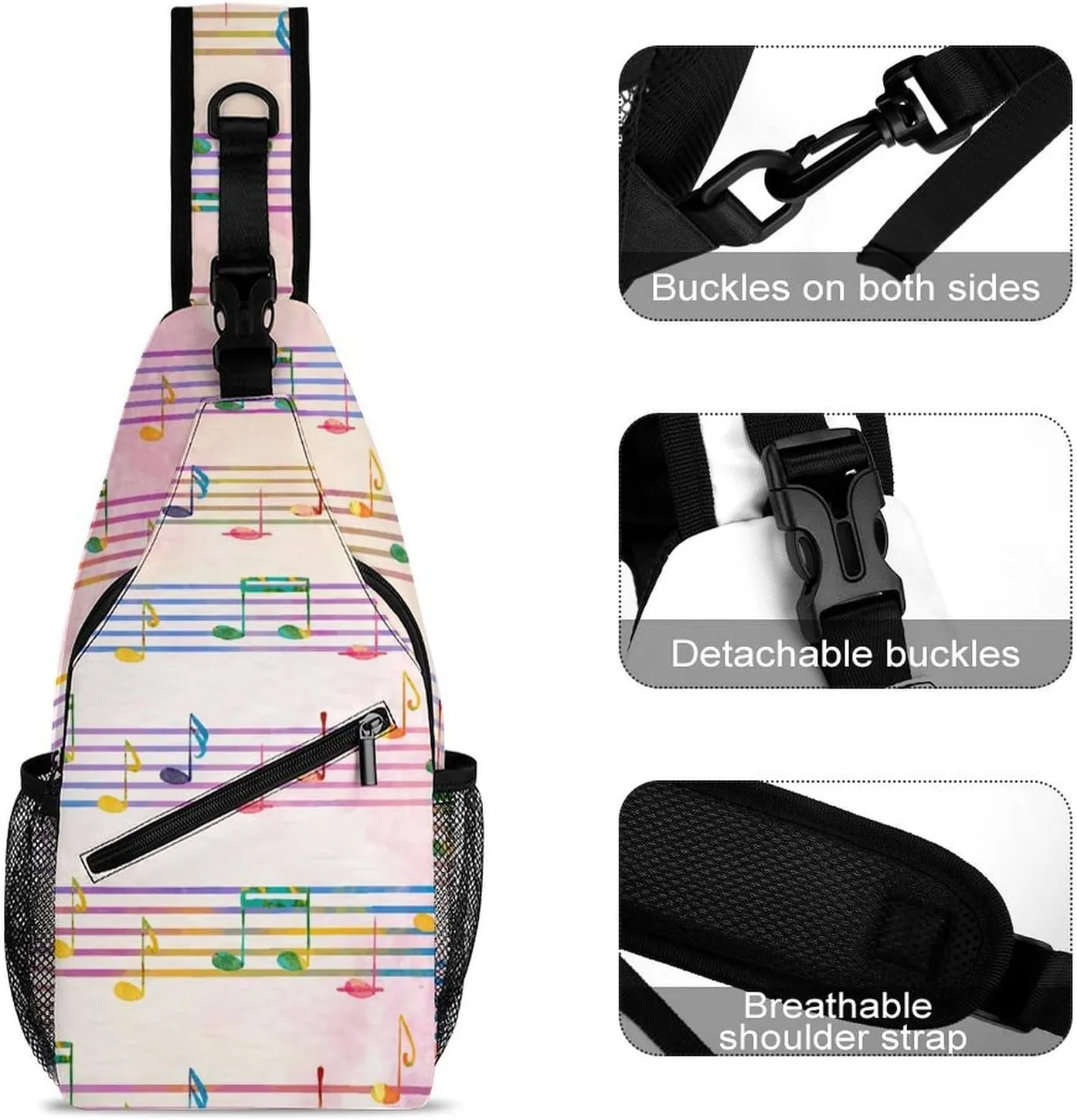 Pentagrams Musical Notes Print Crossbody Sling Bag for Women Men Travel Chest Bag, Cycling Shoulder Backpack