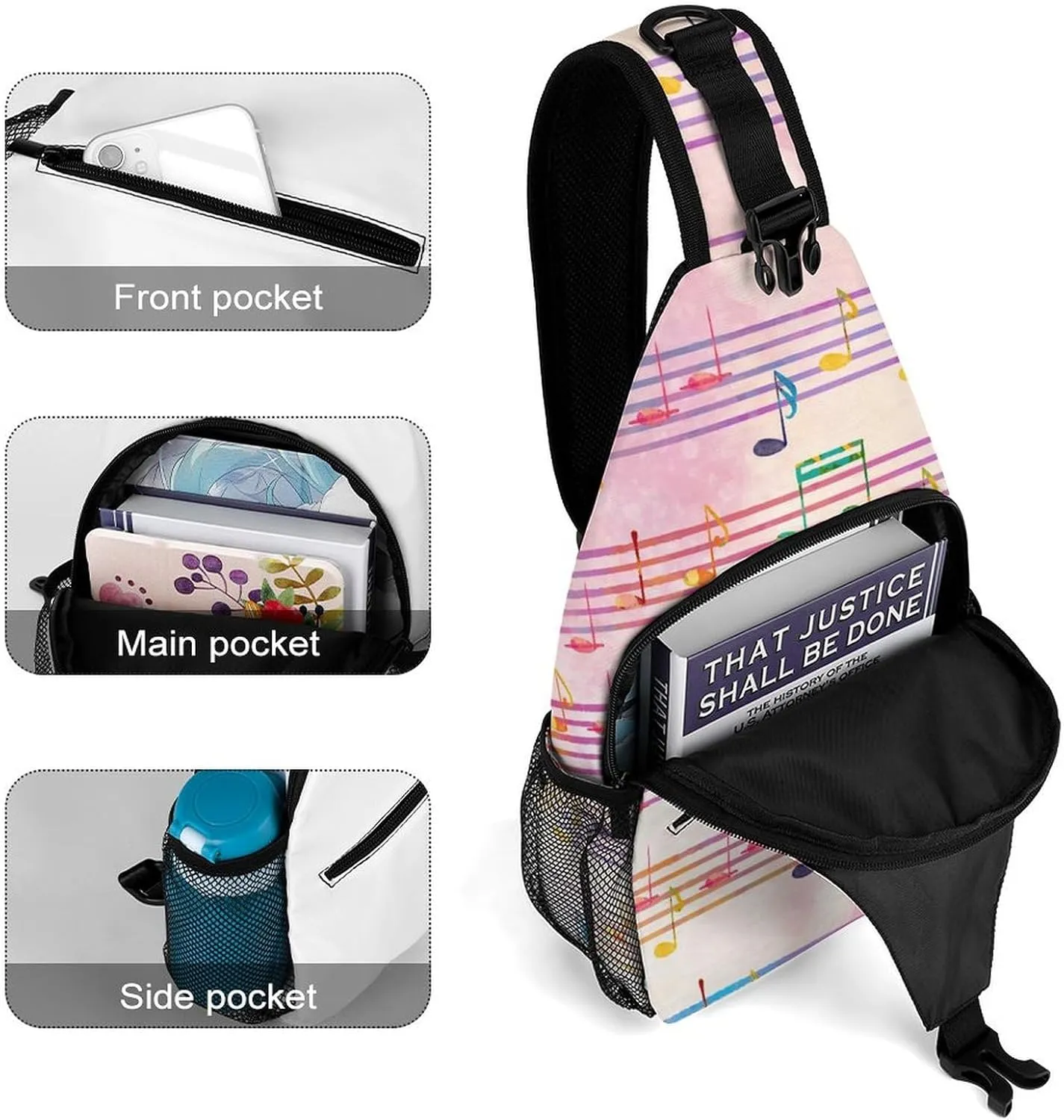 Pentagrams-musical-notes Print Crossbody Sling Bag for Women Men Travel Chest Bag, Cycling Shoulder Backpack