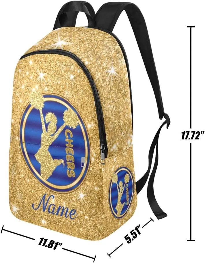 Personalized Blue and Gold Cheerleader Print Backpack with Name Custom Travel Daypack Bag for Man Woman Gifts