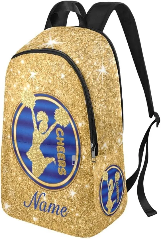 Personalized Blue and Gold Cheerleader Print Backpack with Name Custom Travel Daypack Bag for Man Woman Gifts