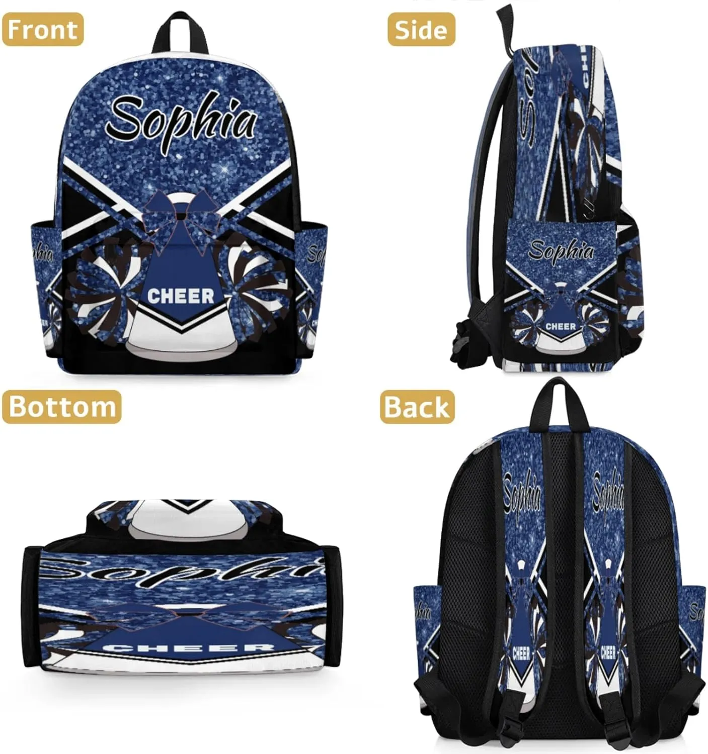 Personalized Cheer Bag Name Backpack Bags for Women Men, Custom Large Capacity Waterproof Shoulder Bags, Casual Daypack, Dark Blue Glitter
