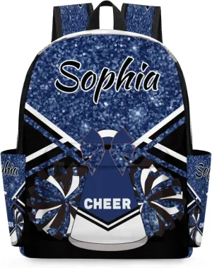 Personalized Cheer Bag Name Backpack Bags for Women Men, Custom Large Capacity Waterproof Shoulder Bags, Casual Daypack, Dark Blue Glitter