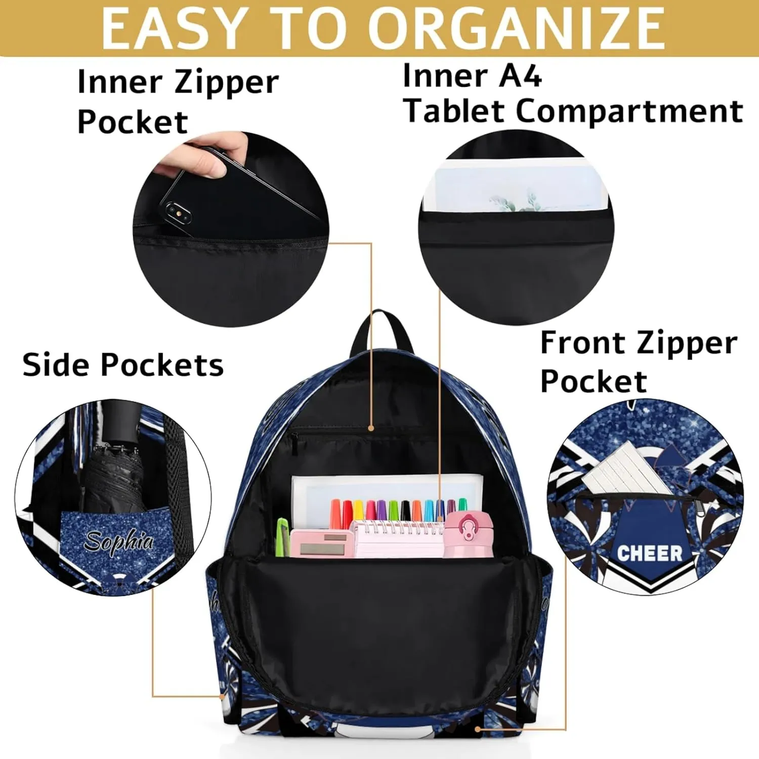 Personalized Cheer Bag Name Backpack Bags for Women Men, Custom Large Capacity Waterproof Shoulder Bags, Casual Daypack, Dark Blue Glitter