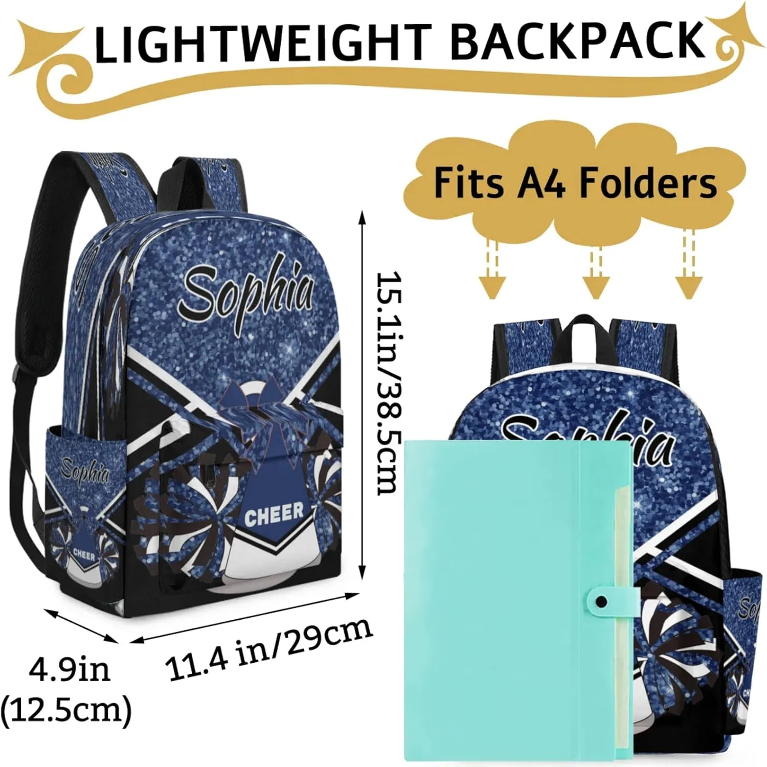 Personalized Cheer Bag Name Backpack Bags for Women Men, Custom Large Capacity Waterproof Shoulder Bags, Casual Daypack, Dark Blue Glitter