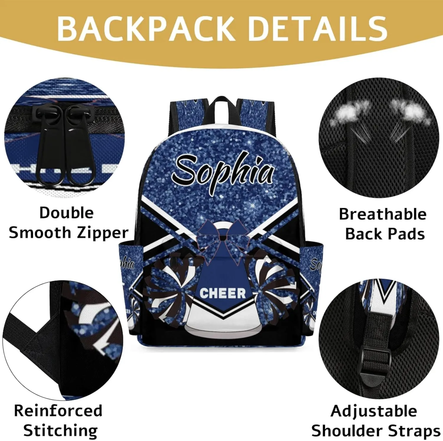 Personalized Cheer Bag Name Backpack Bags for Women Men, Custom Large Capacity Waterproof Shoulder Bags, Casual Daypack, Dark Blue Glitter