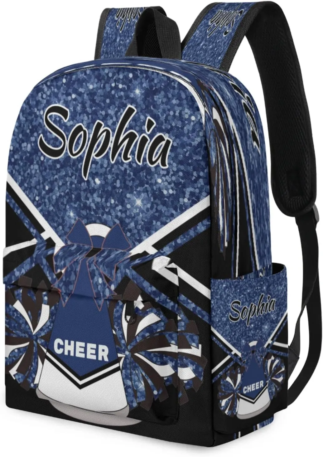 Personalized Cheer Bag Name Backpack Bags for Women Men, Custom Large Capacity Waterproof Shoulder Bags, Casual Daypack, Dark Blue Glitter