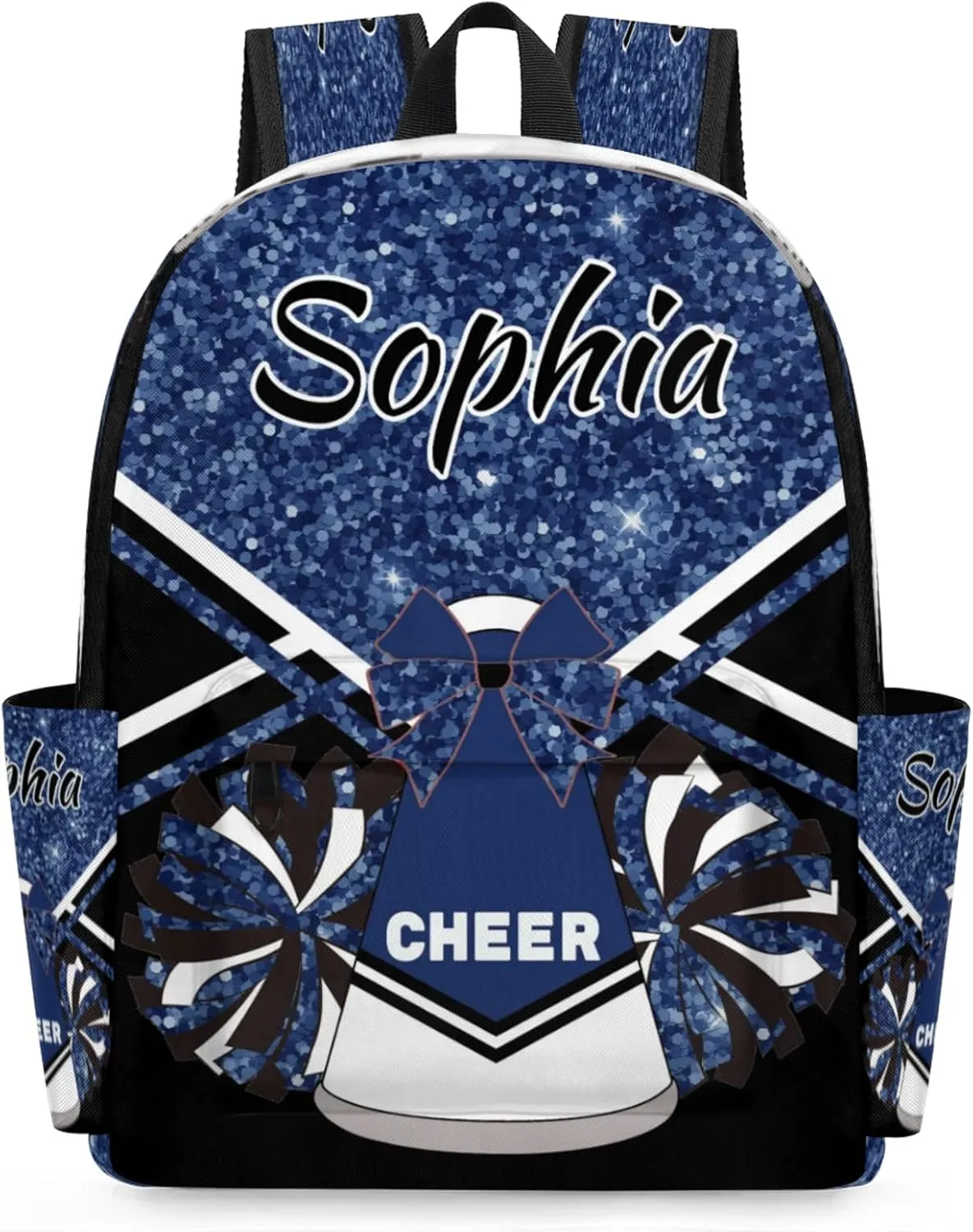 Personalized Cheer Bag Name Backpack Bags for Women Men, Custom Large Capacity Waterproof Shoulder Bags, Casual Daypack, Dark Blue Glitter