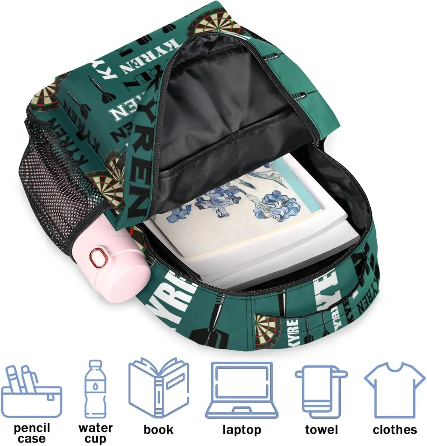 Personalized Darts Backpack with Name, Sports Bag Backpack for Men Women, Customized Laptop Backpacks Travel Camping Daypack, Dark Green Blue