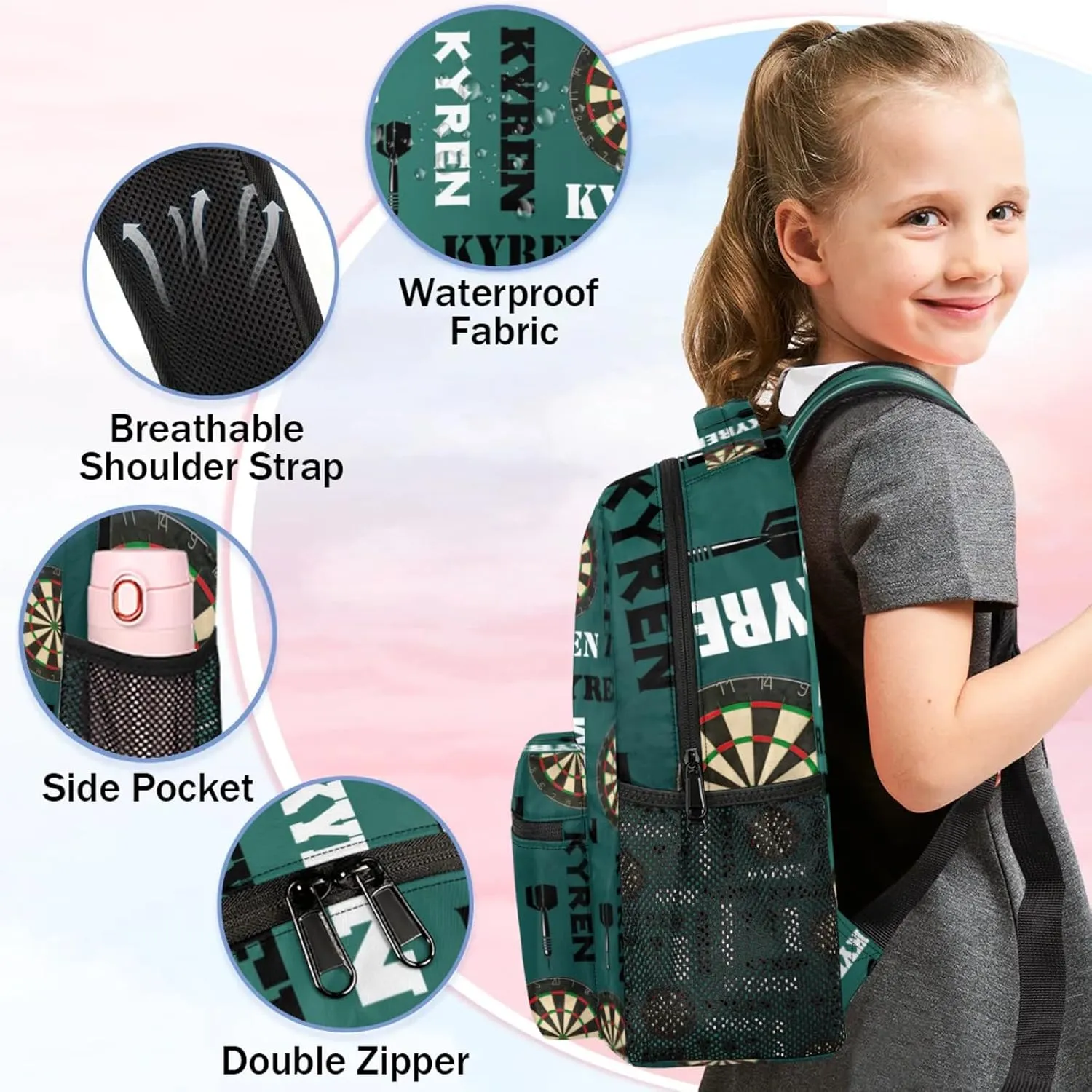 Personalized Darts Backpack with Name, Sports Bag Backpack for Men Women, Customized Laptop Backpacks Travel Camping Daypack, Dark Green Blue
