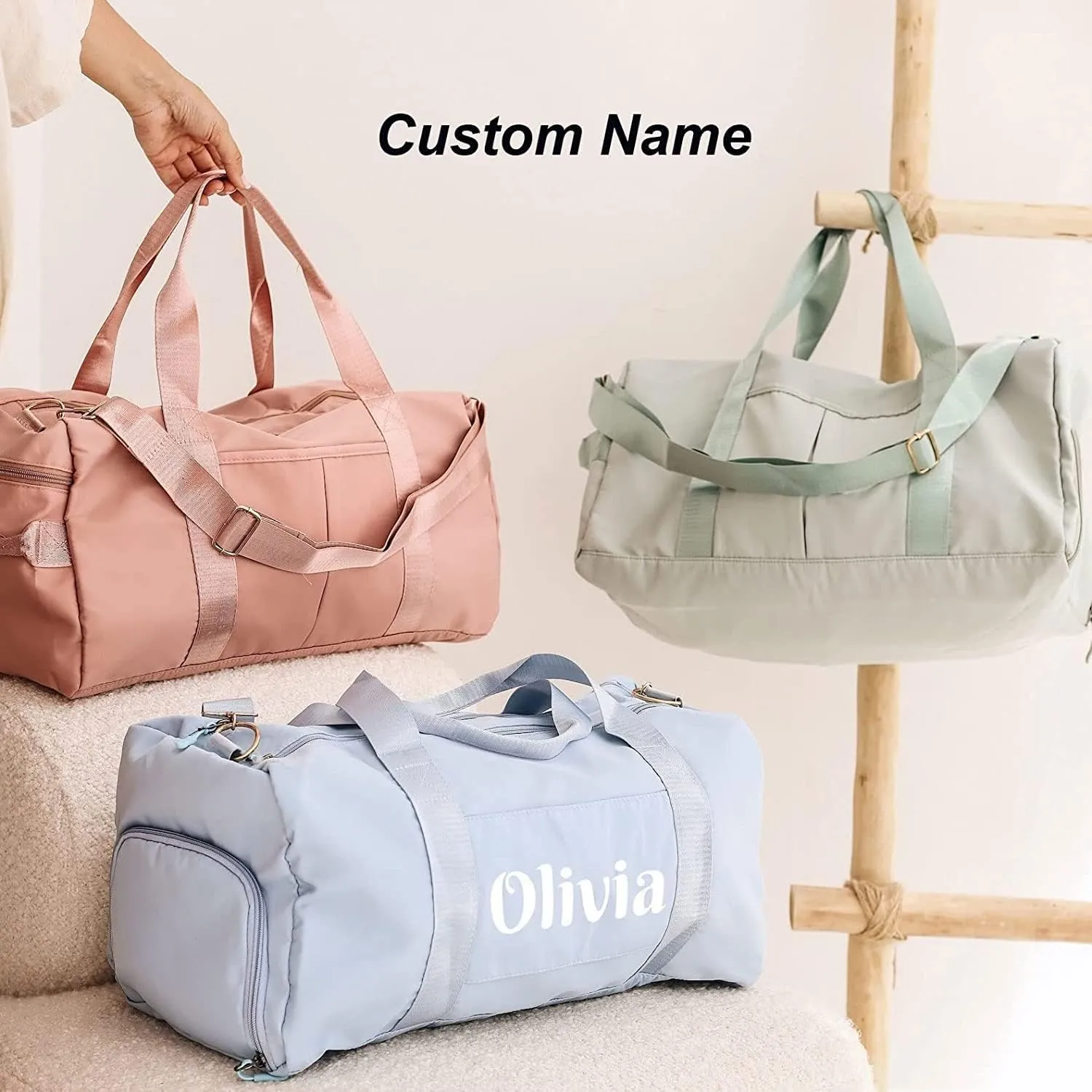 Personalized Duffle Bag, Custom Name Dance Bag for Girls, Personalized Embroidered Sports Gym Bag with Shoes Compartment for Women Girls (Khaki)