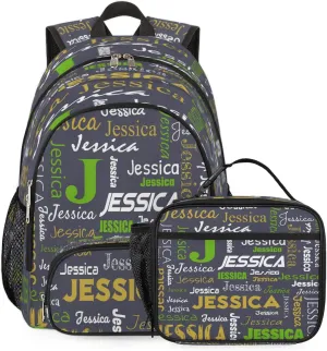 Personalized Name Backpack with Lunch Box Sets, Portable Custom Backpacks Casual Daypack Lunch Bag for Women Men Unisex, Lightweight Dark Gray Bags