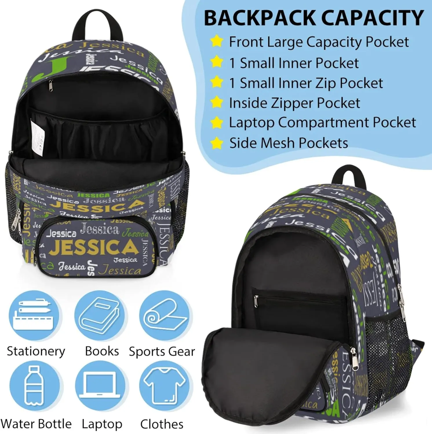 Personalized Name Backpack with Lunch Box Sets, Portable Custom Backpacks Casual Daypack Lunch Bag for Women Men Unisex, Lightweight Dark Gray Bags