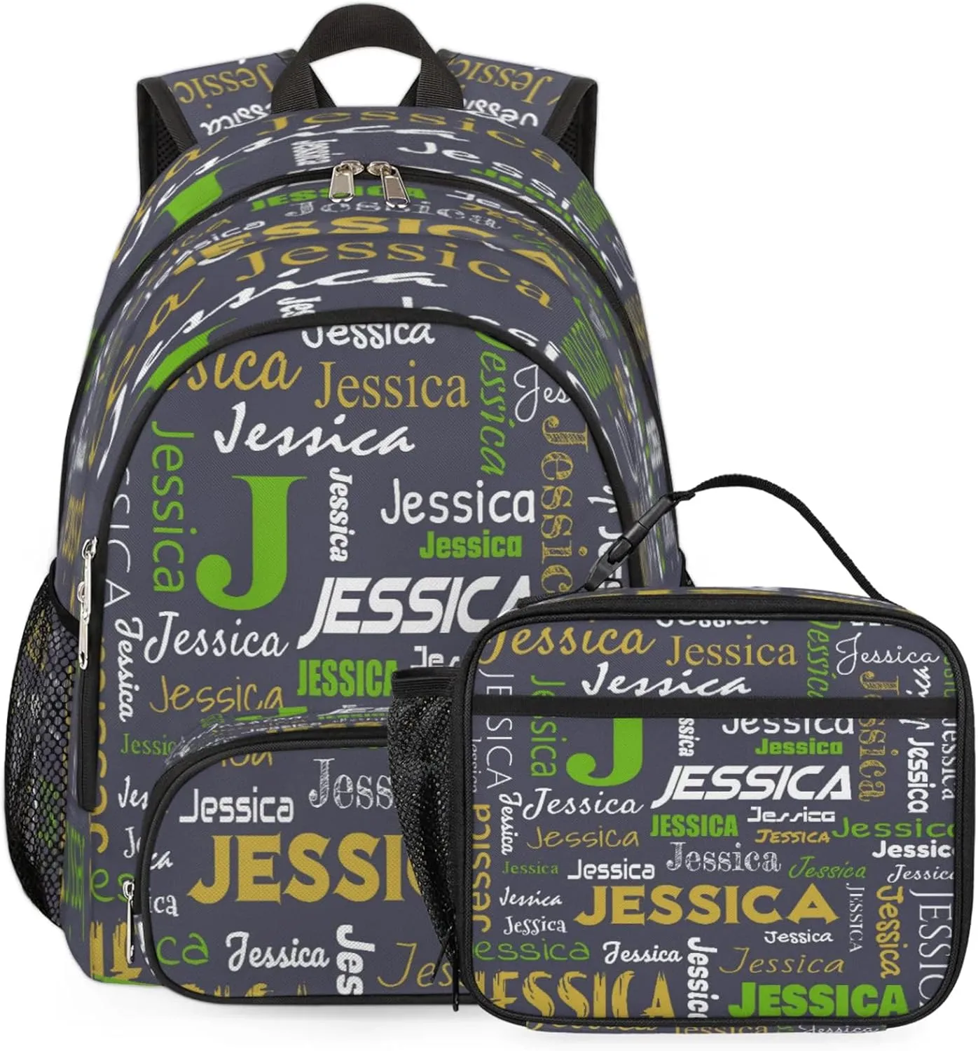 Personalized Name Backpack with Lunch Box Sets, Portable Custom Backpacks Casual Daypack Lunch Bag for Women Men Unisex, Lightweight Dark Gray Bags