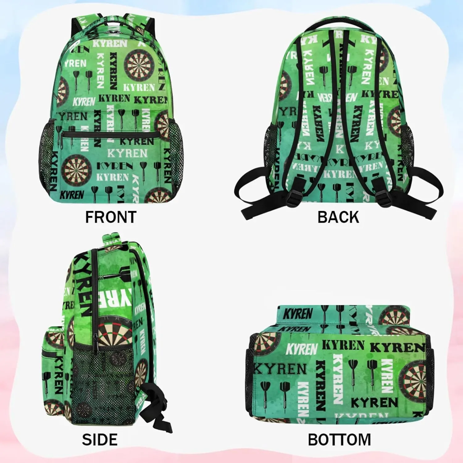 Personalized Name Darts Backpack, Sports Bag Backpack for Men Women, Custom Name Laptop Backpacks Travel Camping Daypack, Dark Green