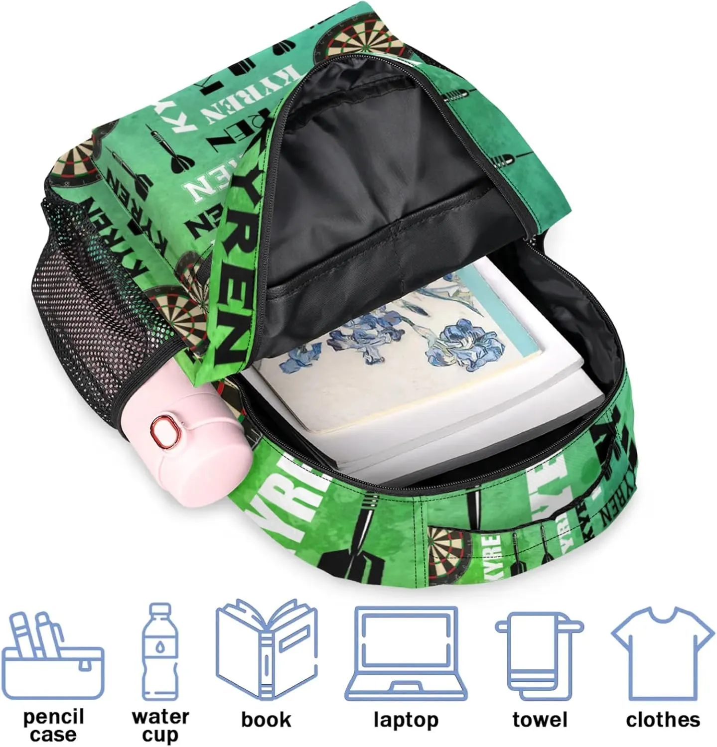 Personalized Name Darts Backpack, Sports Bag Backpack for Men Women, Custom Name Laptop Backpacks Travel Camping Daypack, Dark Green