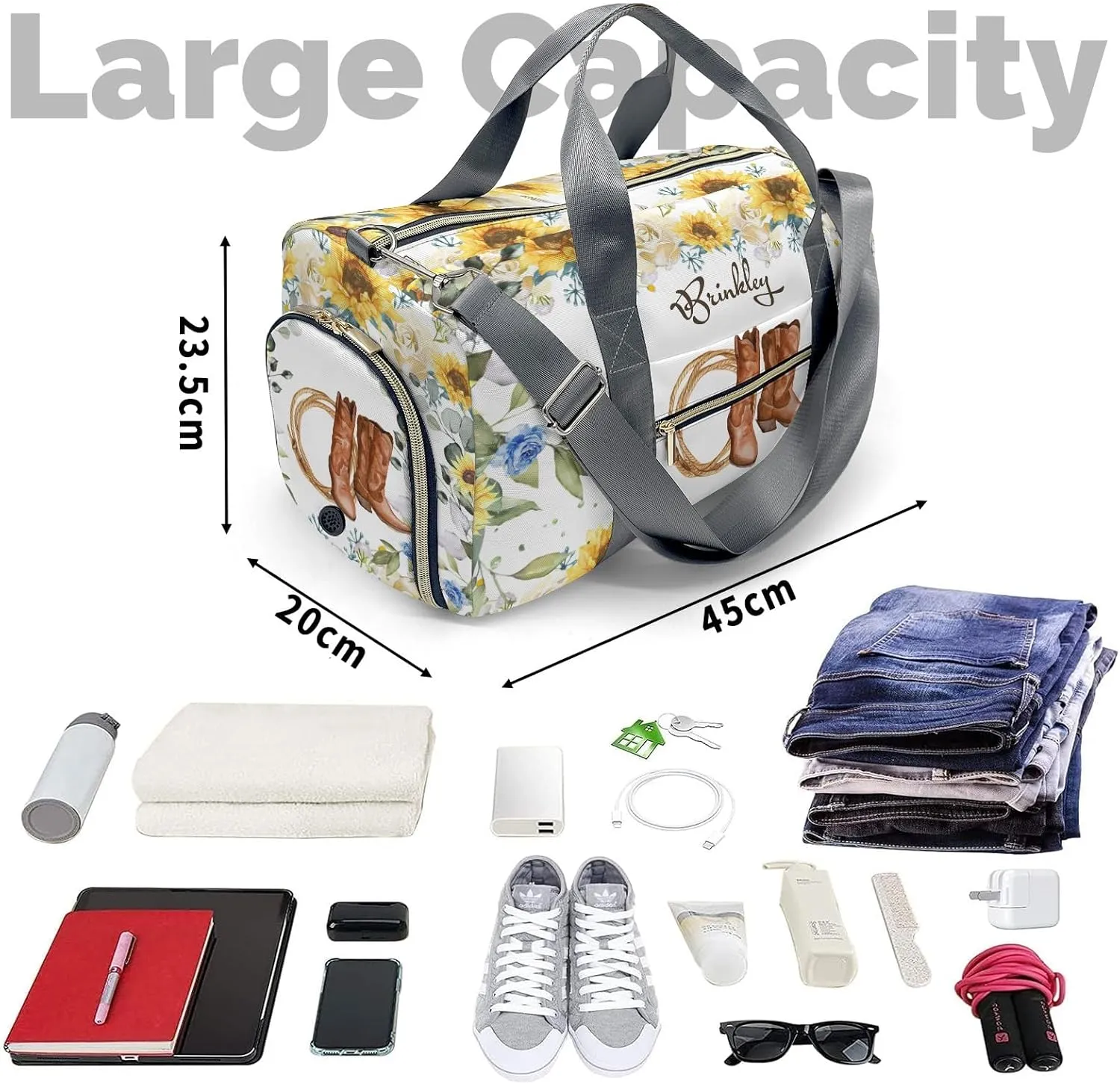 Personalized Name Duffel Bag Sunflower Cowboy Boot Rope Ultimate Travel Bags: Your Companion for Every Adventure