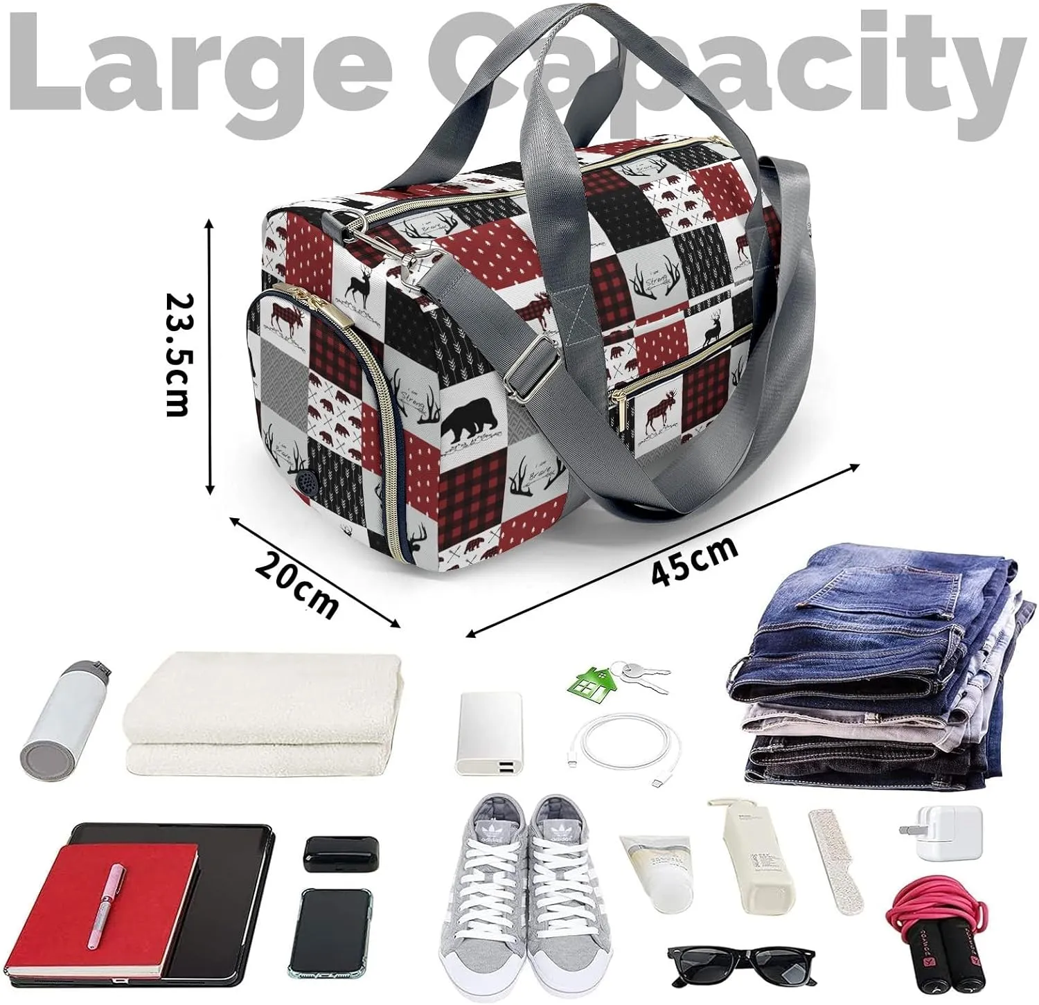 Personalized Name Duffel Bag Woodland Deer Bear Plaid Versatile and Functional: Multi-Purpose Travel Bags for Any Trip