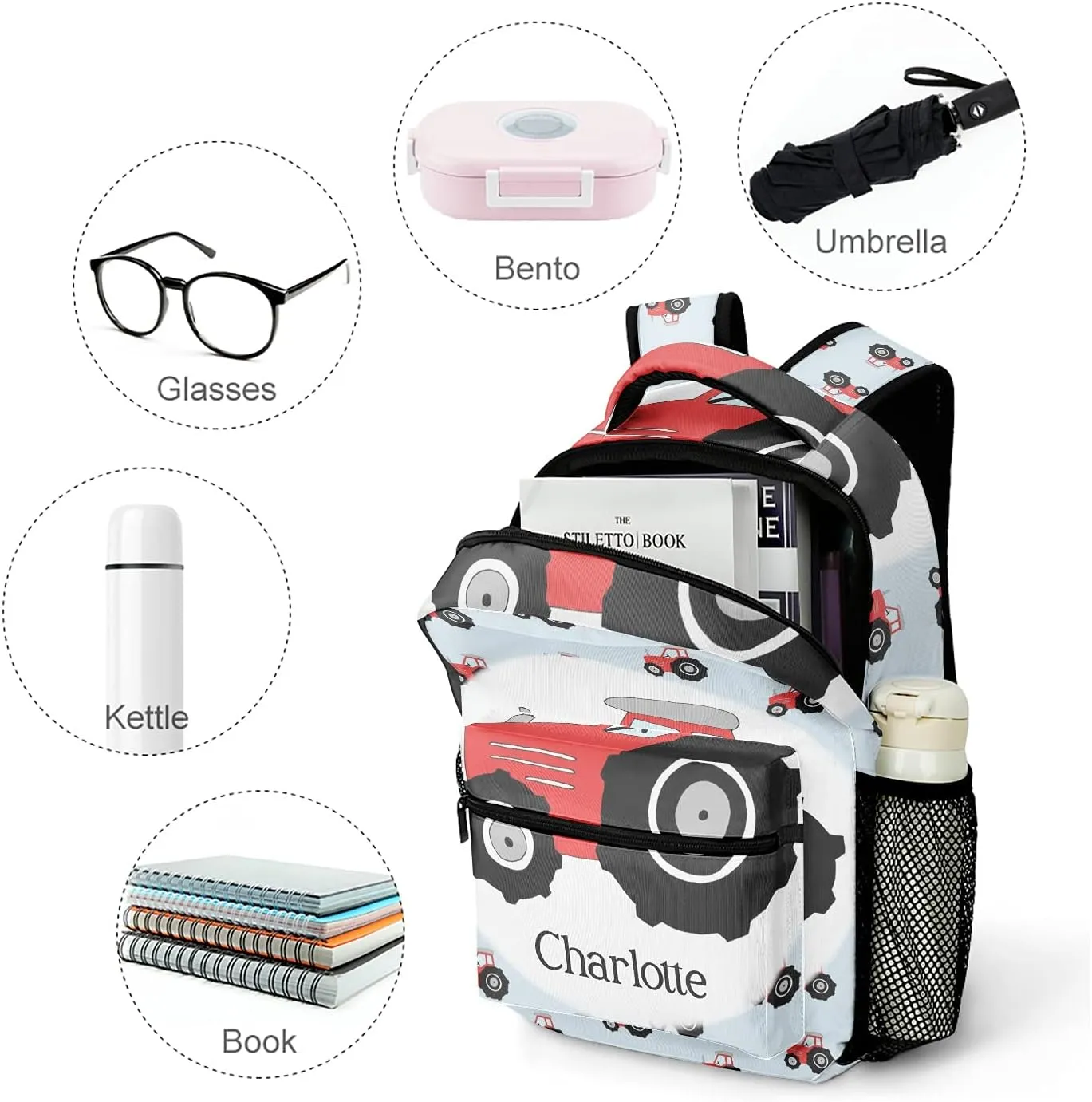 Personalized Red Black Tractor Pattern Backpack School Bag with Name Waterproof Travel Daypack Bag for Man Woman Gifts 12.2 x 5.9 x 16.5 inch (LxWxH)