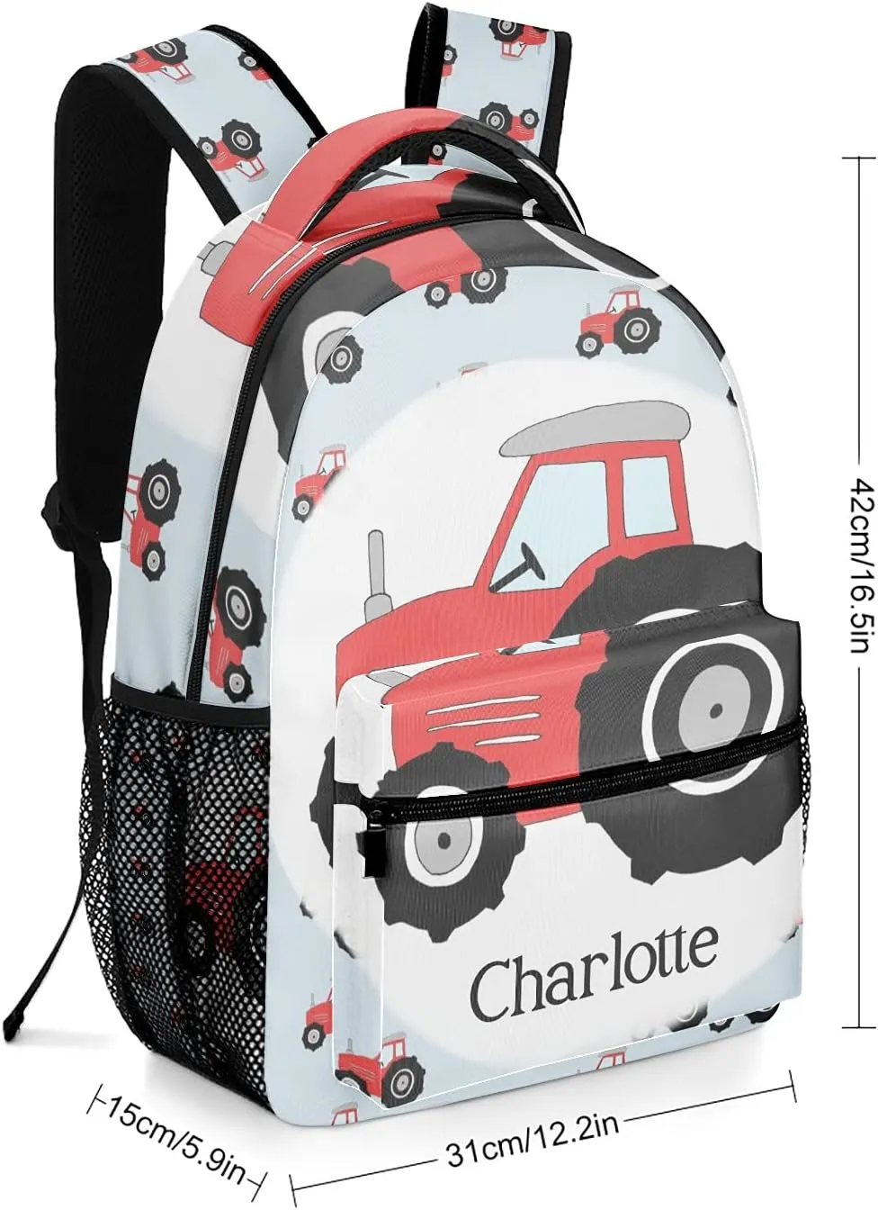 Personalized Red Black Tractor Pattern Backpack School Bag with Name Waterproof Travel Daypack Bag for Man Woman Gifts 12.2 x 5.9 x 16.5 inch (LxWxH)