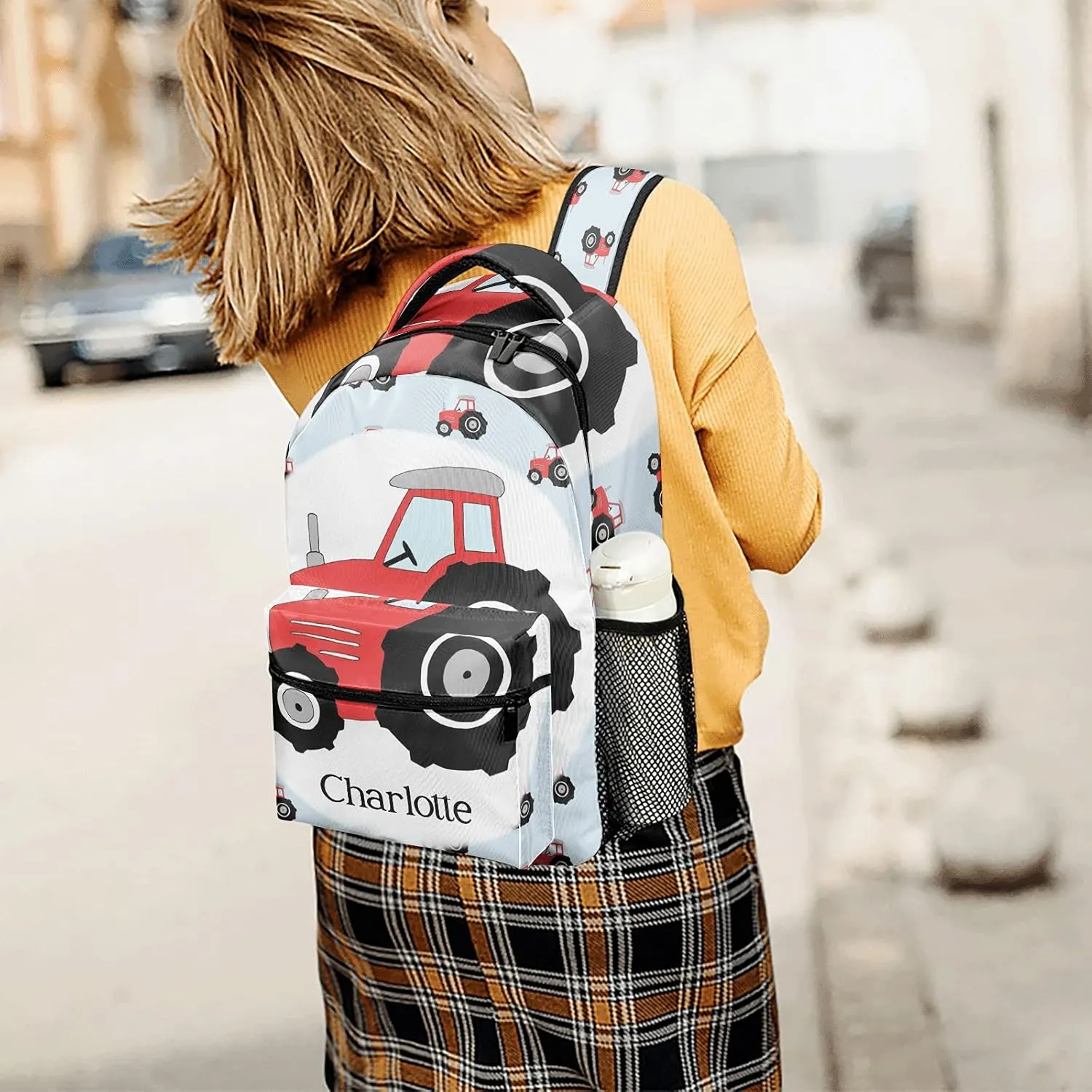 Personalized Red Black Tractor Pattern Backpack School Bag with Name Waterproof Travel Daypack Bag for Man Woman Gifts 12.2 x 5.9 x 16.5 inch (LxWxH)