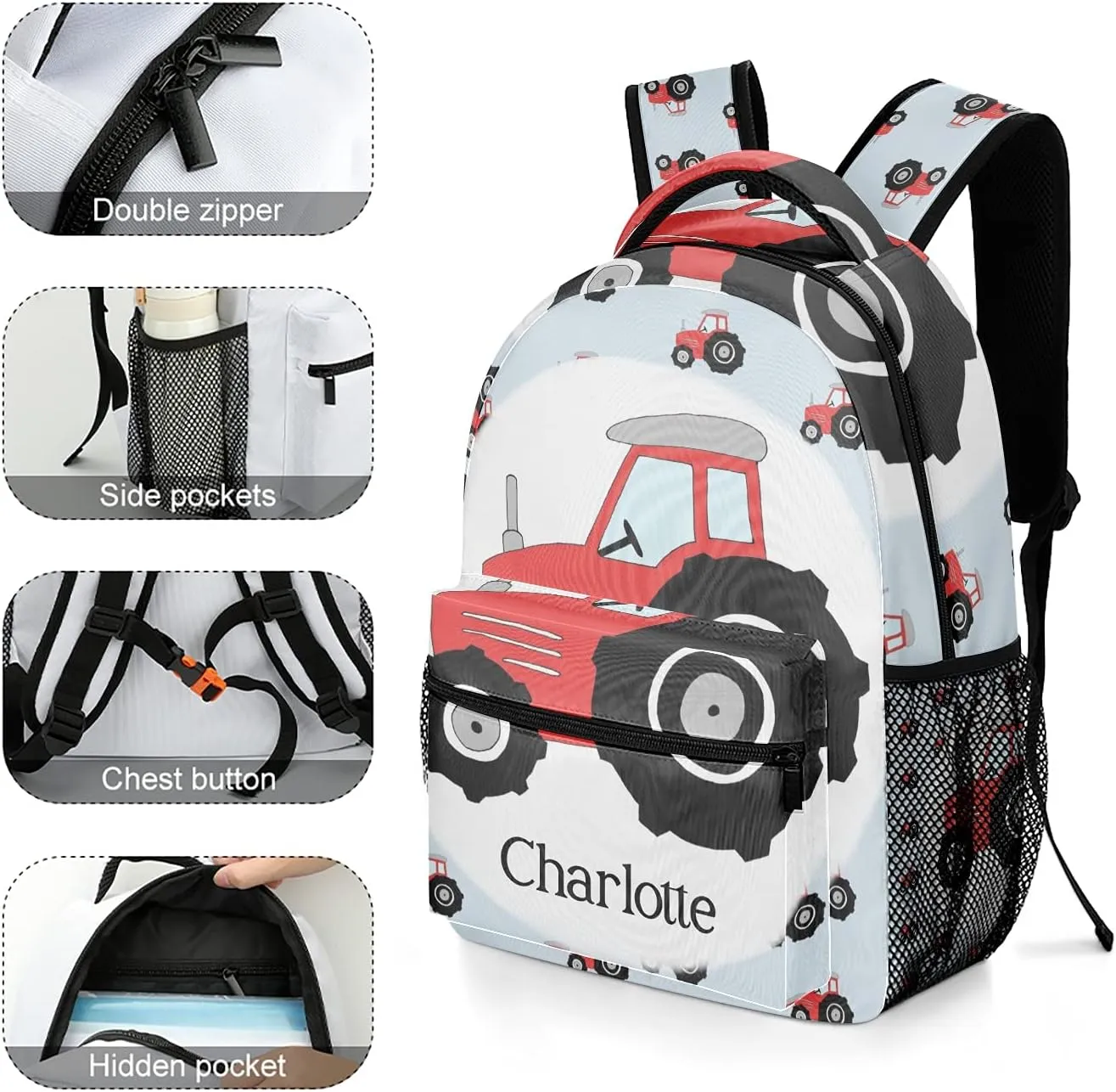 Personalized Red Black Tractor Pattern Backpack School Bag with Name Waterproof Travel Daypack Bag for Man Woman Gifts 12.2 x 5.9 x 16.5 inch (LxWxH)