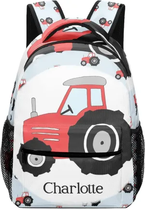 Personalized Red Black Tractor Pattern Backpack School Bag with Name Waterproof Travel Daypack Bag for Man Woman Gifts 12.2 x 5.9 x 16.5 inch (LxWxH)