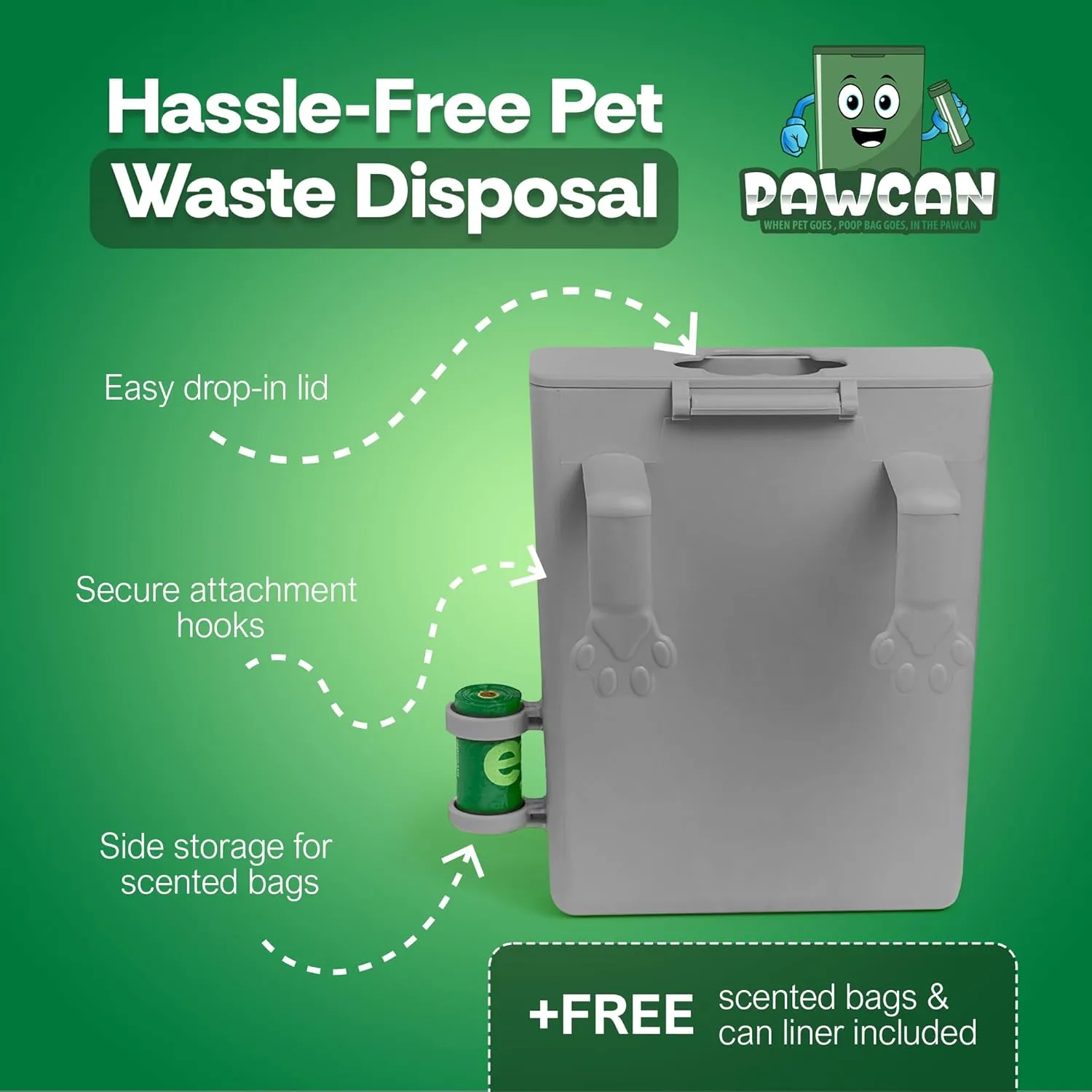 Pet Poop Bag Receptor for Outdoor Trash Can with Lid - with Practical Side Dispenser for Scented Bags - Pooper Scooper - Attaches to Any Garbage Bin, Fence or Residential Balcony Area