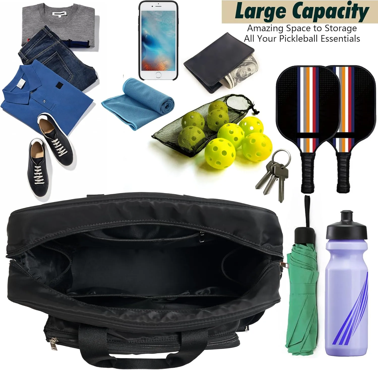 Pickleball Bags for Women, Pickleball Bag Tote with Front Pocket Fits 2 Paddles, Cute Pickleball Paddle Bag with Fence Hook & Shoulder Strap, Pickleball Gifts Accessories for Women Ladies
