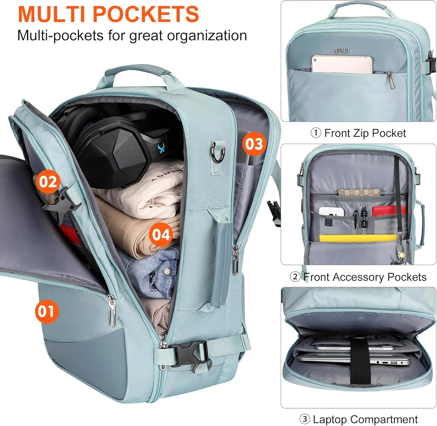 PIJUSHI Carry on Travel Backpack for Women Large Flight Approved Personal Item Bag with USB Port Fits 16 Inch Laptop(PE035 Blue)