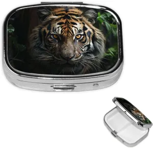 Pill Case with Mirror Retro 2 Compartment Pill Box A Tiger in The Dark Small Pill Organizer for Purse or Pocket Decorative Metal Medicine Vitamin Organizer Unique Gifts