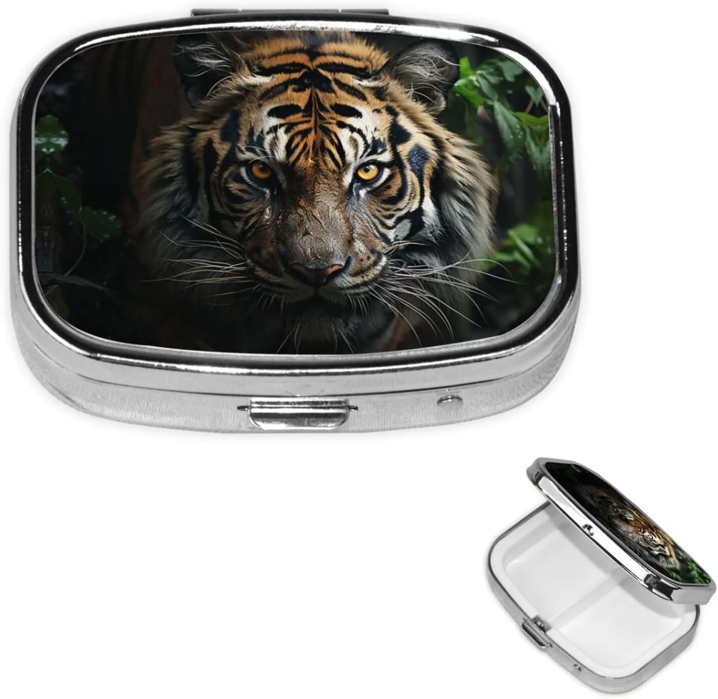 Pill Case with Mirror Retro 2 Compartment Pill Box A Tiger in The Dark Small Pill Organizer for Purse or Pocket Decorative Metal Medicine Vitamin Organizer Unique Gifts