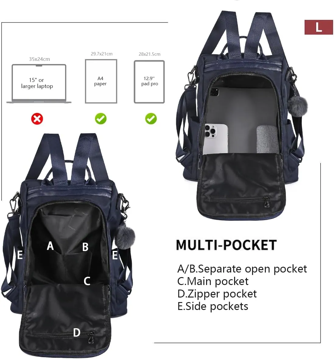 PINCNEL Women Backpack Purse Waterproof Nylon Anti-theft Rucksack Lightweight Shoulder Bag